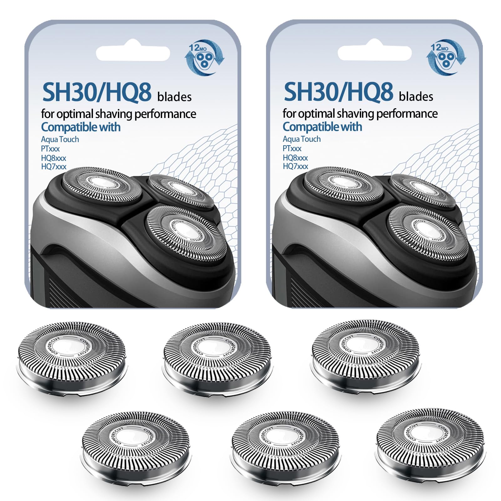 GORLENT 6 Pack SH30/HQ8 Replacment Blades for Aquatec PTxxx, ATxxx Series Razors, Dual-Layer Shaver Heads for Close and Smooth Shave
