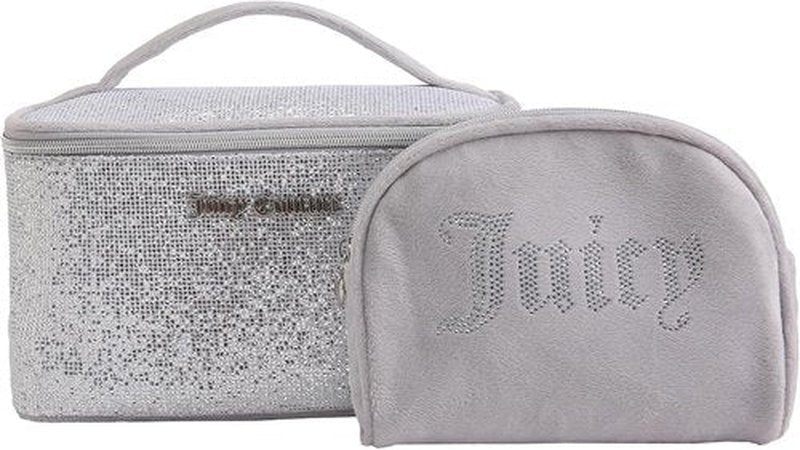 Juicy Couture Silver Sparkle Makeup Bag Set - Glittery Cosmetics Organizer & Travel Case