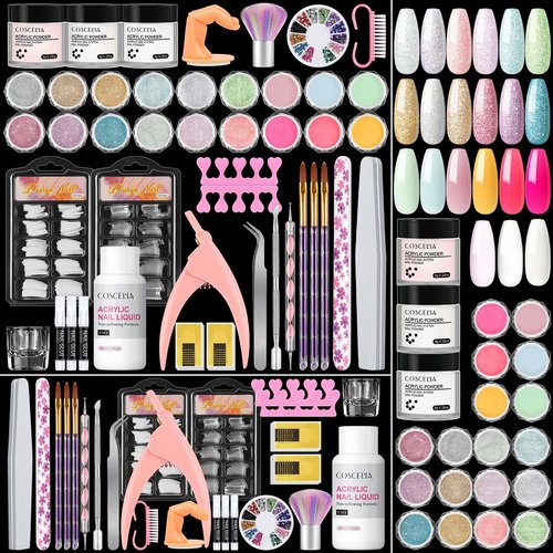 COSCELIA Acrylic Nail Kit with Everything, Professional Acrylic Powder Glitter Decoration Powder Extension Nails Art Kit Rhinestones Manicure