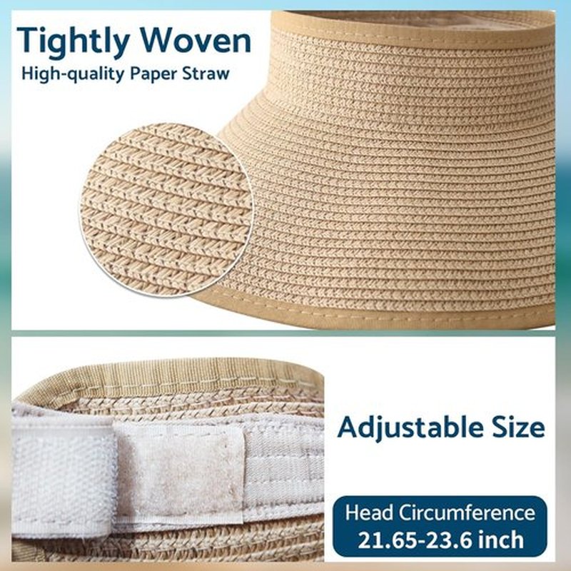 NPJY Sun Hats for Women - Wide Brim Roll-Up Beach Hat | Packable & Foldable Straw Visor