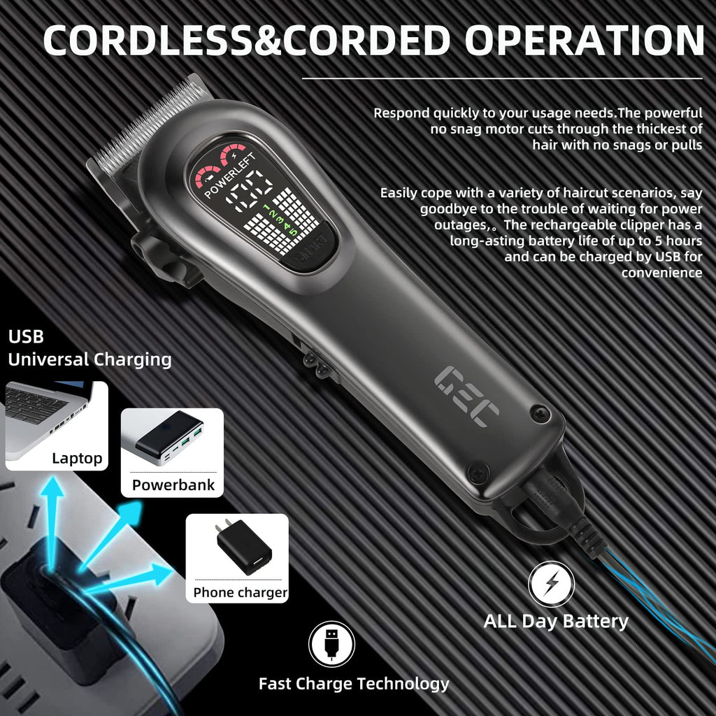 GEC Smart Hair Clipper for Men,Rechargeable -Professional Clippers,Low Noise 5-Mode Hair Clippers with Auxiliary Light Hair Trimmer Kit for Men