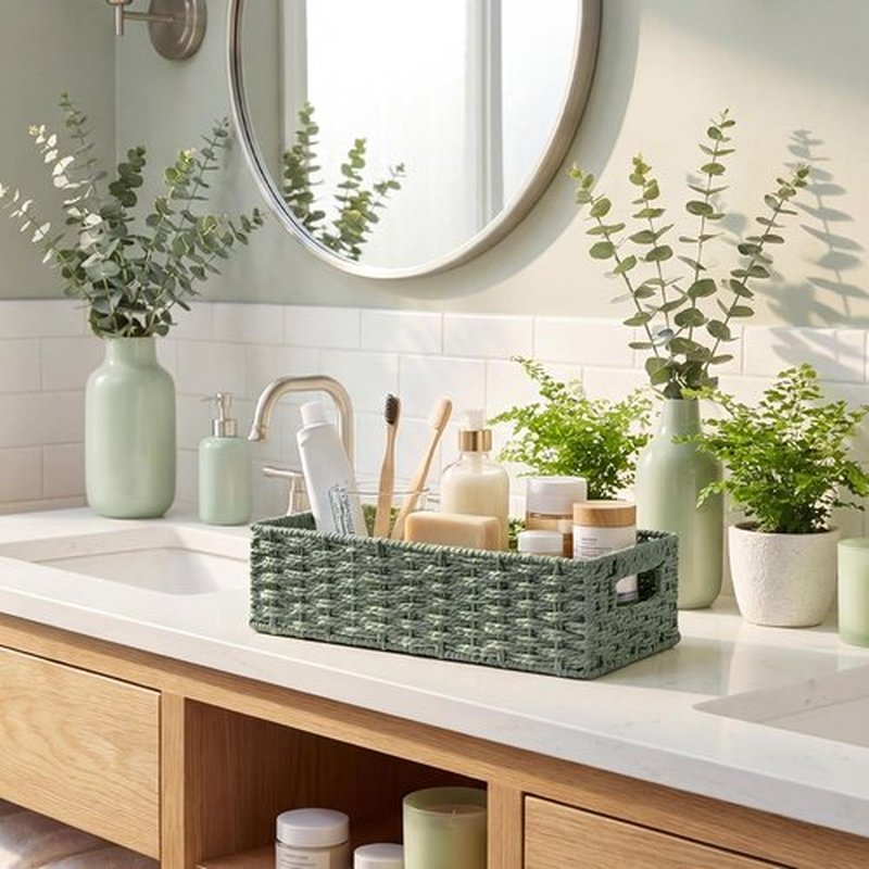 StorageWorks Small Wicker Toilet Basket - Stylish Sage Green Bathroom Organizer with Built-in Handles