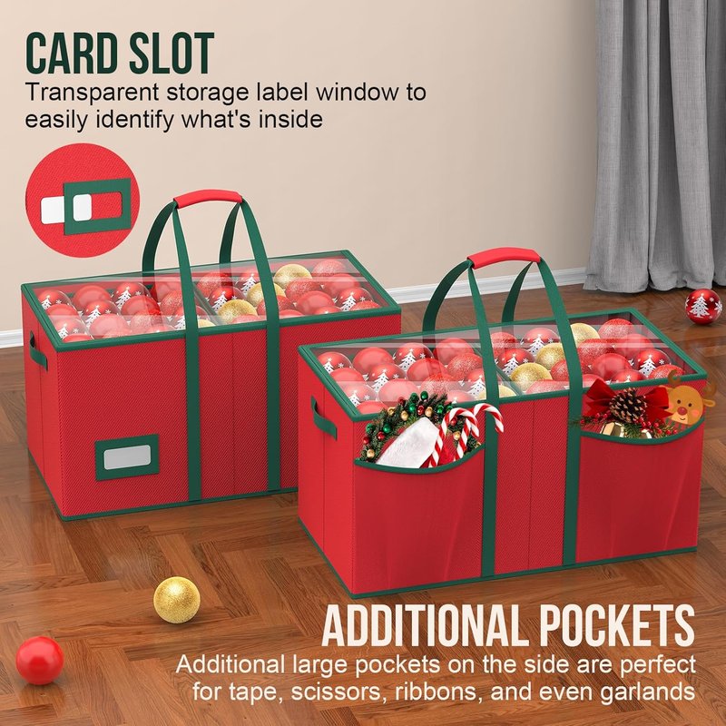 Christmas Ornament Storage Box - Store 128 Ornaments | Dual Zipper Closure & Adjustable Dividers