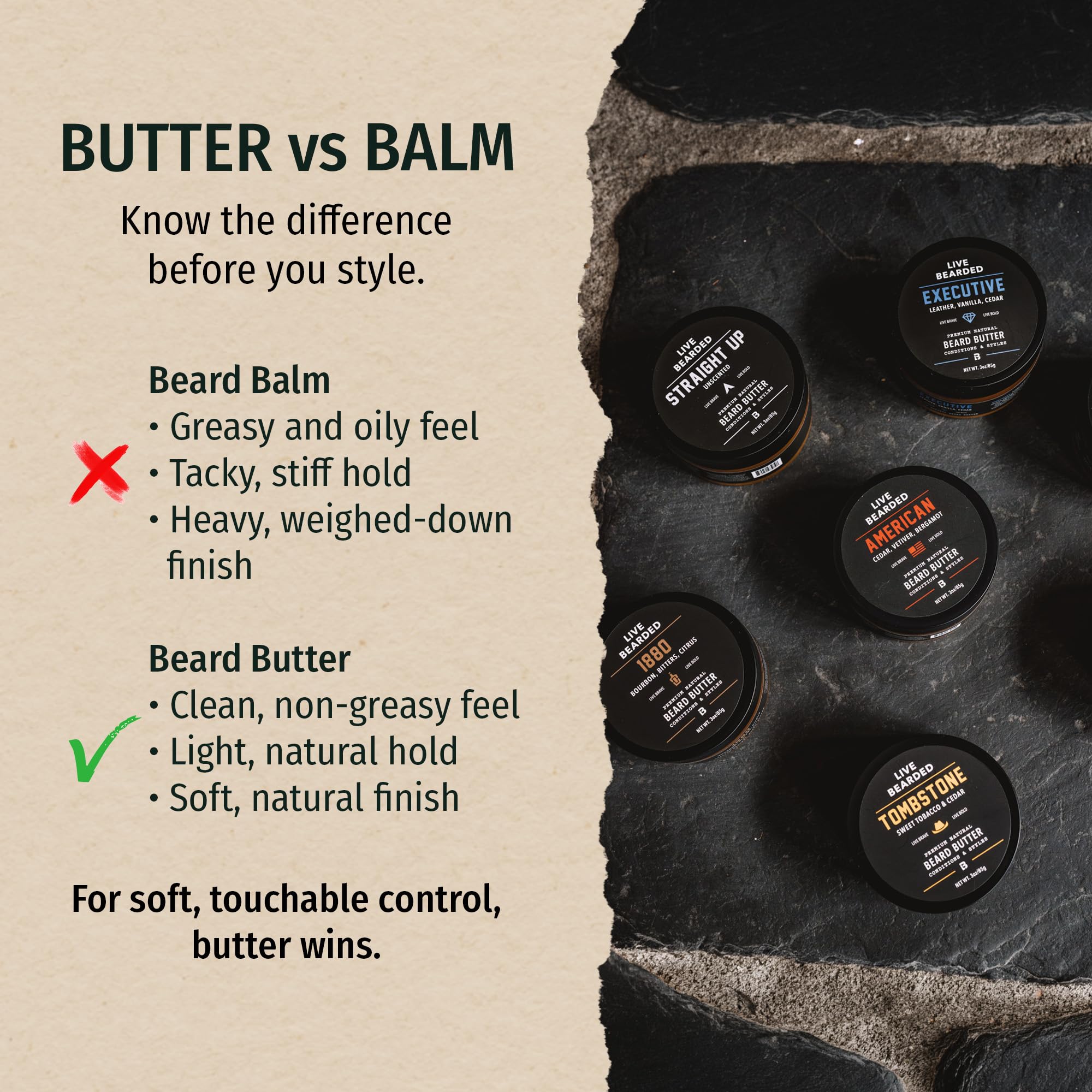 Live Bearded® Beard Butter, Straight Up, Fragrance-Free, 3 fl oz