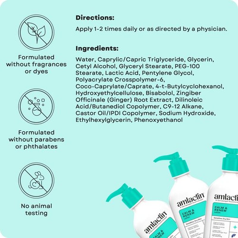 AmLactin Calm & Renew Lotion - Therapeutic Body and Face Moisturizer for Sensitive Skin - No-Scrub Exfoliator and Body Lotion for Dry Skin with Lactic Acid AHA and Soothing Ginger Root, 14.1 oz
