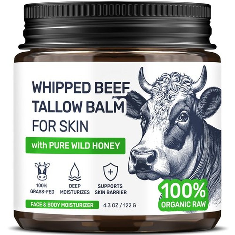 Beef Tallow for Skin – Grass Fed Whipped Tallow and Honey Balm, Face and Body Moisturizer with Beeswax and Wild Honey, 3-Ingredient Fragrance Free Non Comedogenic Formula for Dry Sensitive Skin