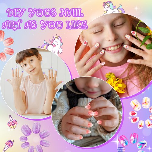 False Nails Press on Nails for Kids-Flower Heart Print Short False Artificial Full Cover Nail Art Kits Nail Glue Tabs for Girls Children (120pcs glitter nails)