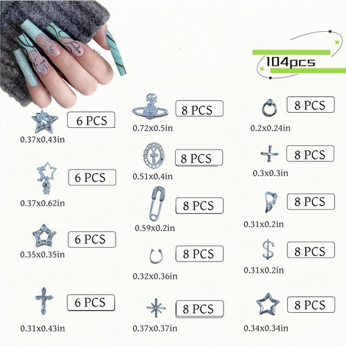 GAWRJ 104 Pcs Long Lasting Metal Alloy Nail Charms Kit, Perfect for Unique Nail Art Decorations, Including Silver Stars, Planets, Hollow Crosses & Gemstone Pins, Affordable and Detailed