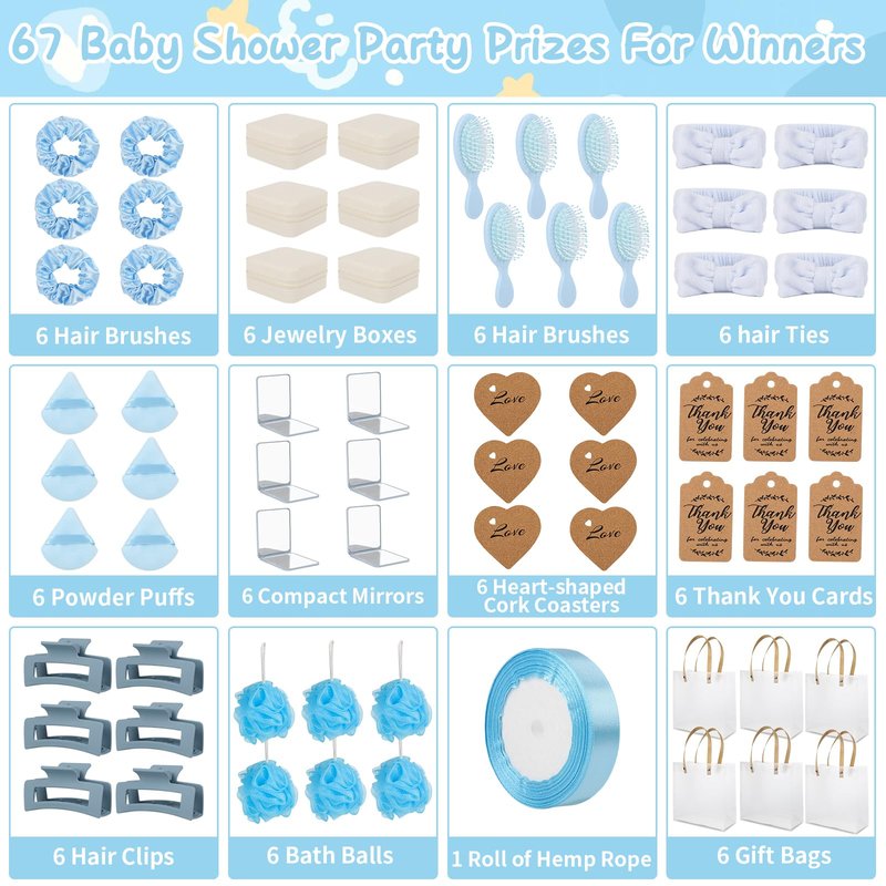 WAYASDCU 6 Sets Baby Shower Prizes for Game Winners Bath Sponges Heart Cork Coaster Headband Hair Brush Jewelry Box Compact Mirror Powder Puff Hair Tie Claw Gift Bag Bridal Shower
