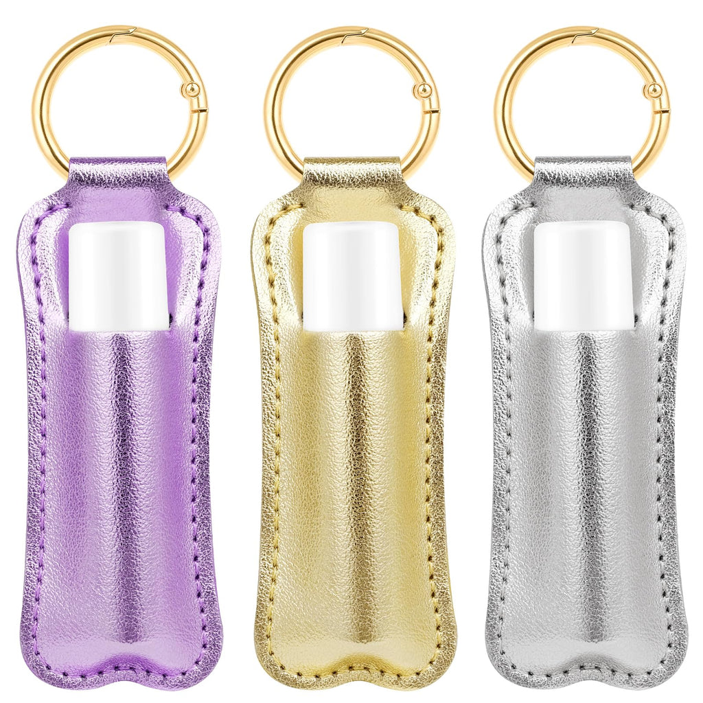 WK IEASON Lip Balm Holder Keychain Clip On PU Leather Lipstick Sleeve Pouch Lip Gloss Holder Lip Balm Sleeve Holder Keychain 3PCS（Purple/Silver/Gold）