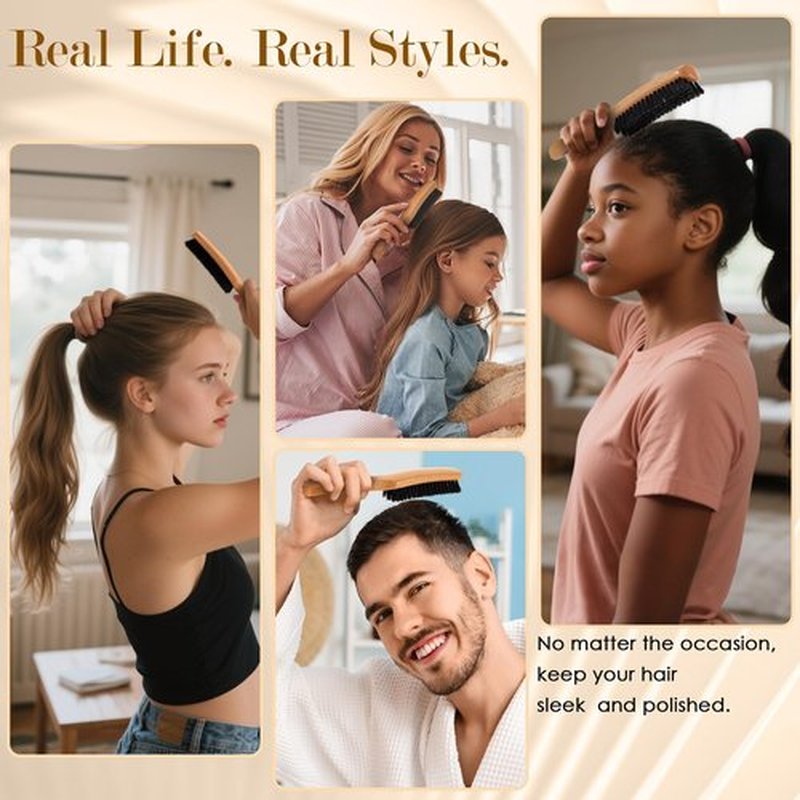 STYLEMATE Slick Back Hair Brush for Women Men, Natural Soft Boar Bristle Hair Brush for Thin & Fine Hair, Medium Hardness Smoothing Hairbrush for Polishing, Deepening & Styling