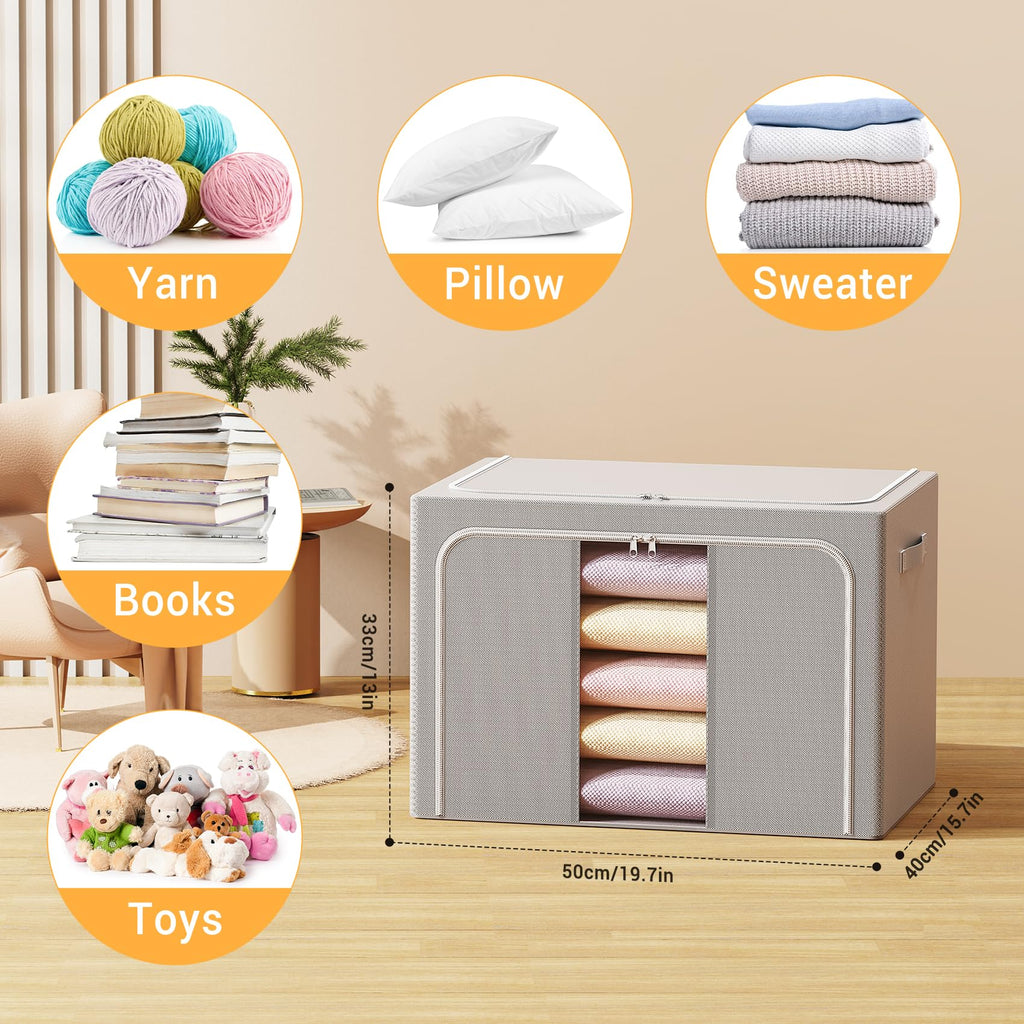 LeArex Clothes Storage Bins with Metal Frame Foldable Storage Box Clothes Organizers Storage Containers for Clothes Sheets Blankets Books Toys Gifts and Holiday Decorations (66Lx3 Pack)
