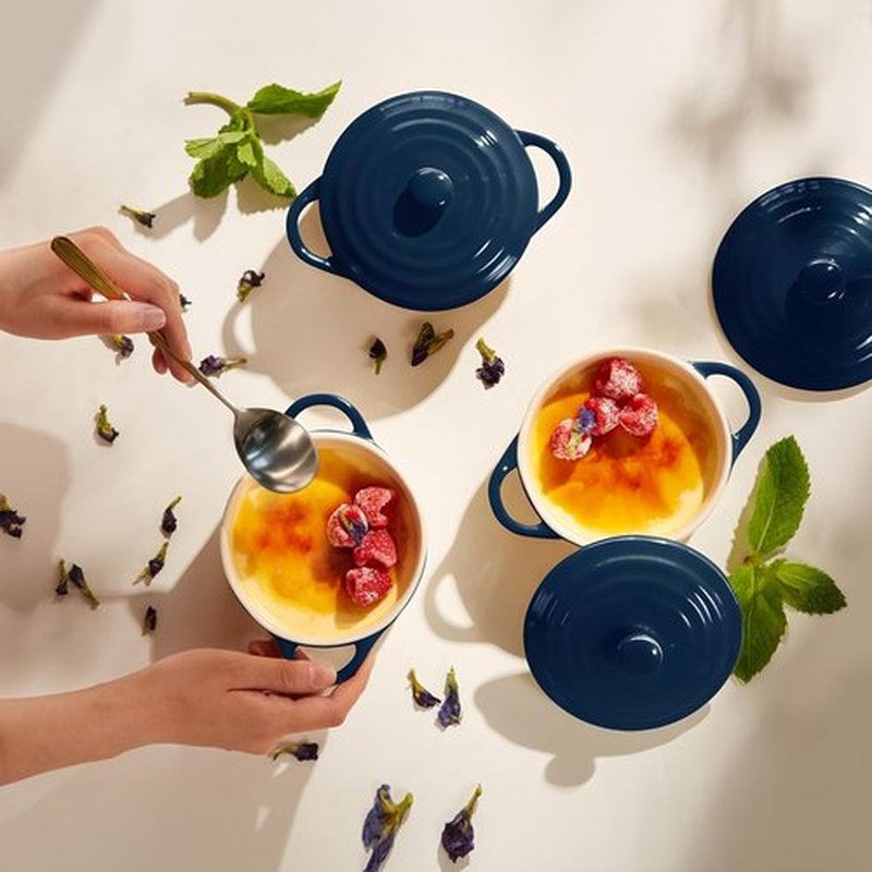 Kook Mini Cocotte Set - 12 oz Individual Baking Ramekins with Lids | Oven Safe, Microwave & Dishwasher Safe, Navy - Set of 4