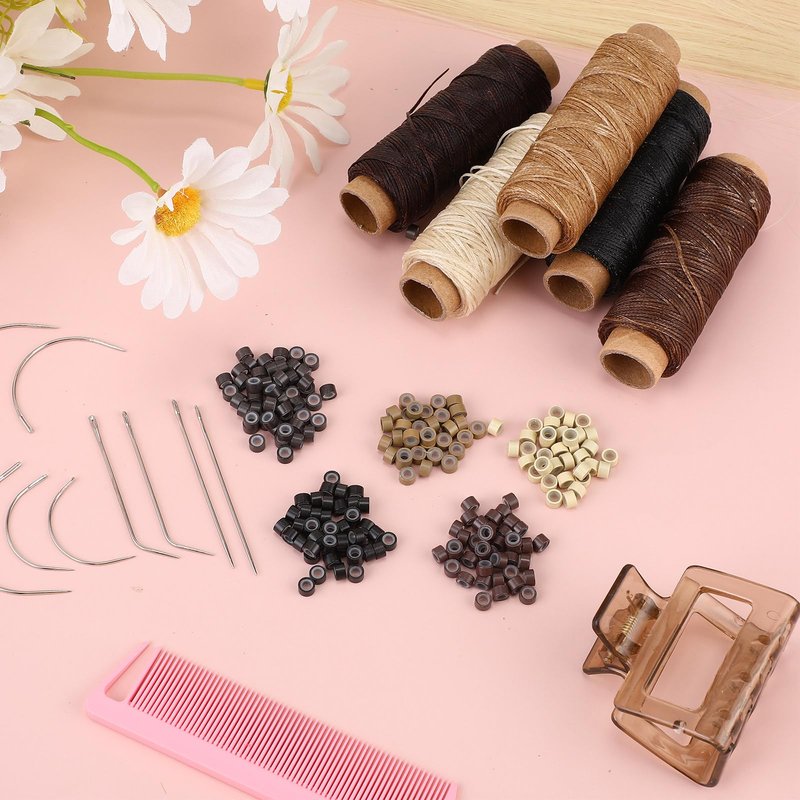 Yuxung 2500 Pcs Hair Extensions Micro Rings Links Beads and 5 Rolls Extensions Sewing Thread and 10 Pieces C/J/I Needles Kit for Human Hair Hand Sewing Wig DIY Craft