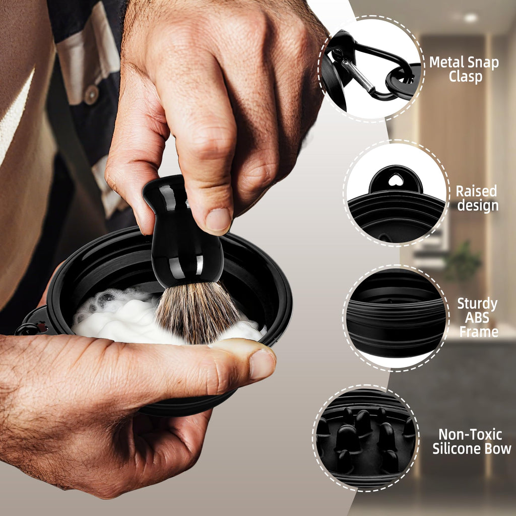 LIGOFLORA Shaving Brush Set for Men,3 in-1Natural Badger Hair Shaving Brush,Foldable Silicone Bowl, Spiral Opening Brush Case, Portable Wet Shave Gifts Used in Home and Travel (Black)