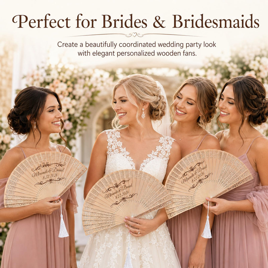 Personalized Wedding Fans for Guests, Custom Wooden Folding Hand Fans Bulk, Engraved Sandalwood Handheld Fans with Organza Bags & Tassels, Party, Bridal & Birthday Shower Favors (50PCS)