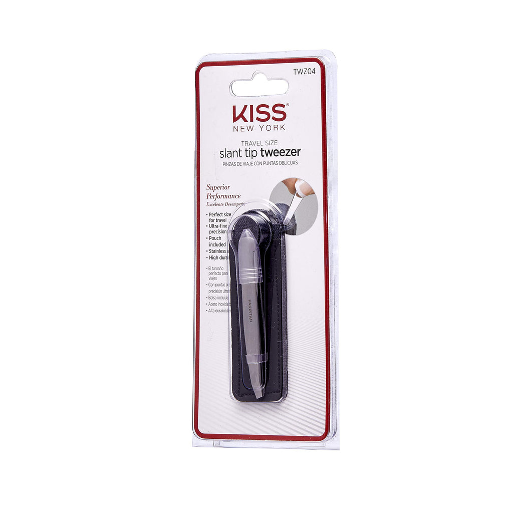 KISS NEW YORK Travel Size Slant Tip Tweezer with Pouch, Ultra-Fine Precision Tip, Stainless Steel (TWZ04)