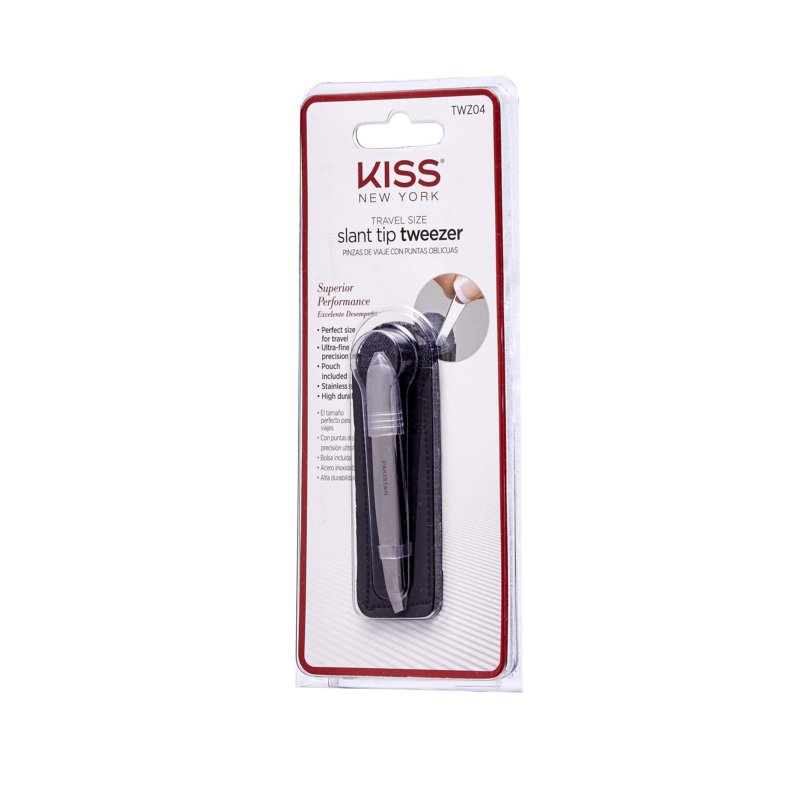 KISS NEW YORK Travel Size Slant Tip Tweezer with Pouch, Ultra-Fine Precision Tip, Stainless Steel (TWZ04)