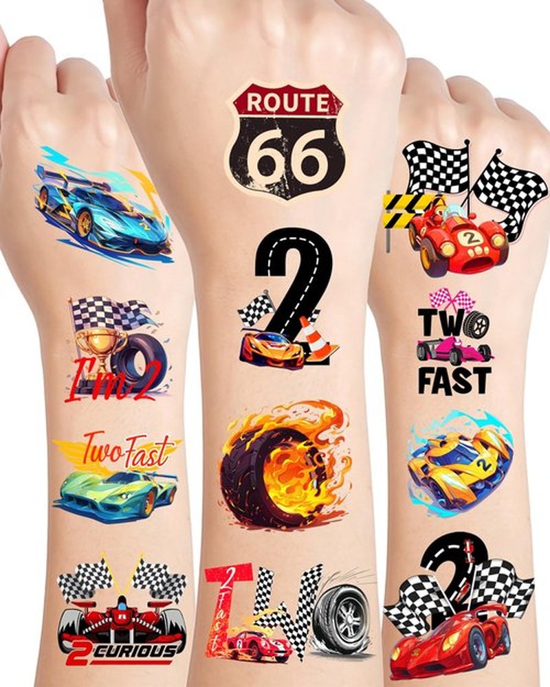 216 Pcs Two Fast Temporary Tattoos for Race Car Theme Party Decorations - 2 Fast 2 Curious Style Party Tattoos Stickers, Racing Enthusiast Temporary Tattoos for Theme Birthdays