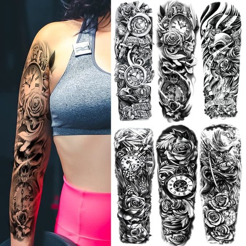 Kotbs 6 Sheets Large Flower Temporary Tattoo Sleeves for Women, Realistic Clock and Rose Design, Fake Sleeve Tattoos for Cosplay, Halloween, and Festivals