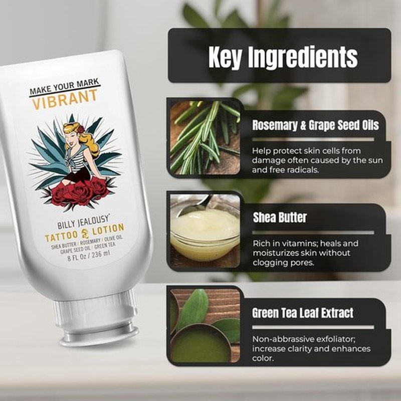 Billy Jealousy Tattoo Lotion - Nourishing Aftercare with Shea Butter & Green Tea Extract for All Skin Types