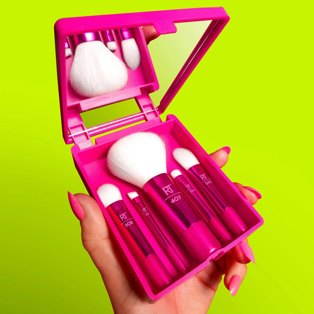 Real Techniques Vivid Escape Glow-To-Go Travel Makeup Brush 6 Piece Set, Mini Size Makeup Brushes for Eyeshadow, Concealer, Contour, & Blush, Includes Mirror Cosmetic Case, Cruelty-Free & Vegan