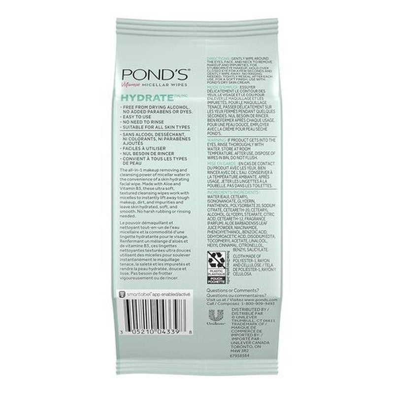 Pond's Vitamin Micellar Wipes - Hydrating Aloe Vera for Dry Skin | 25 Wipes (Pack of 2)