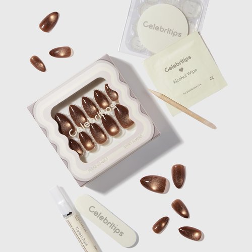 Celebritips Nail Art Press-Ons | Cinnamon Powder, Short Almond Nails, Reusable, Salon Quality Fall Nails | 16 sizes - 32 Nails Kit with Super-hold Nail Glue and Sticky Tabs