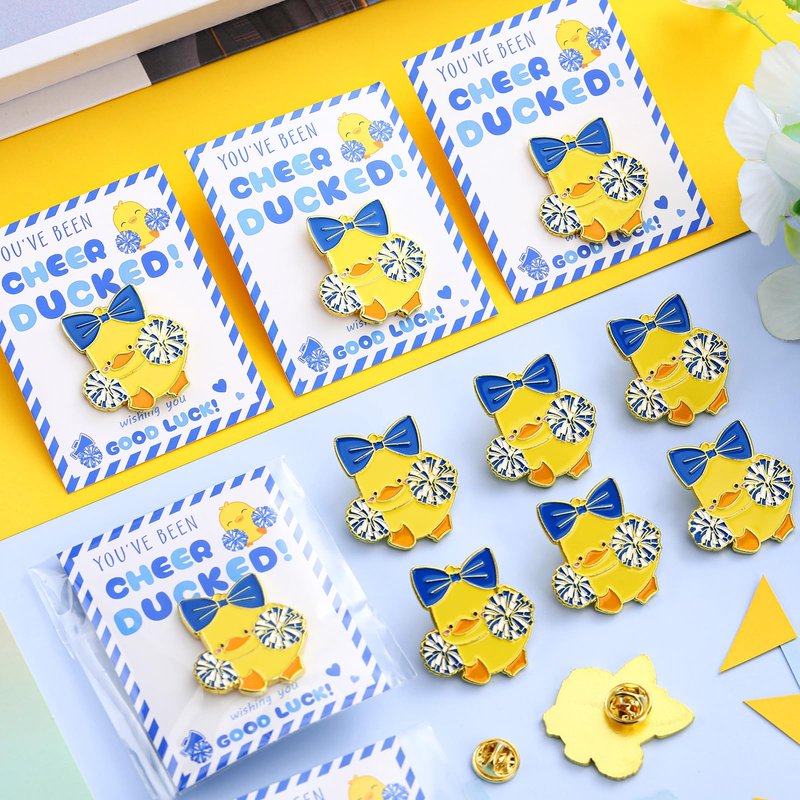 Quelay 24 Pack Cheer Team Gifts Bulk Cheerleader Duck Pins Brooches You've Been Cheer Ducked Tags Team Inspirational Gift Accessories for Teammates(Blue)