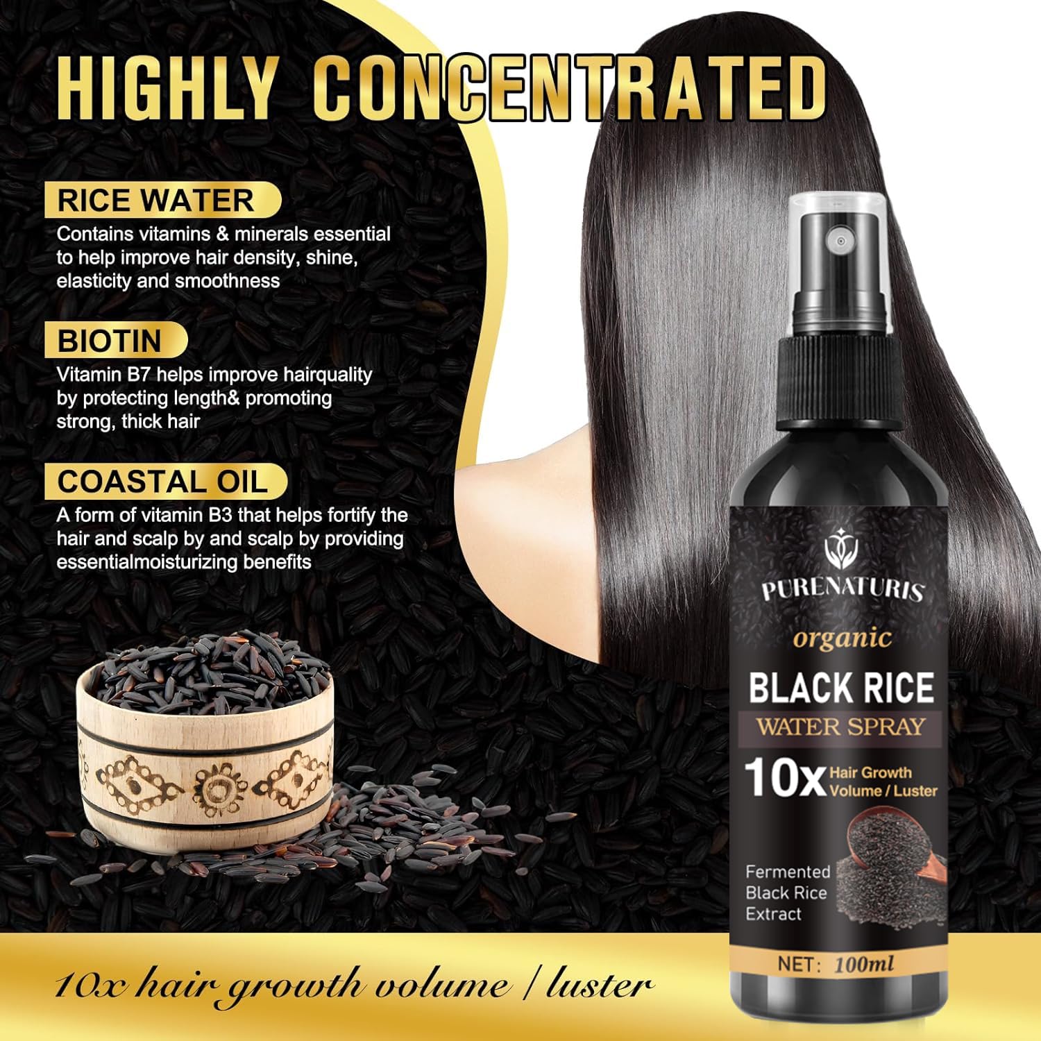 PureNaturis Castor oil Ginger Rice Water for Hair Growth Serum - Leave-In Spray for Men & Women, Effective for Hair Loss, Dry Damaged Hair, Hair Regrowth for Thicker, Fuller, Longer Hair, 3.5 fl oz