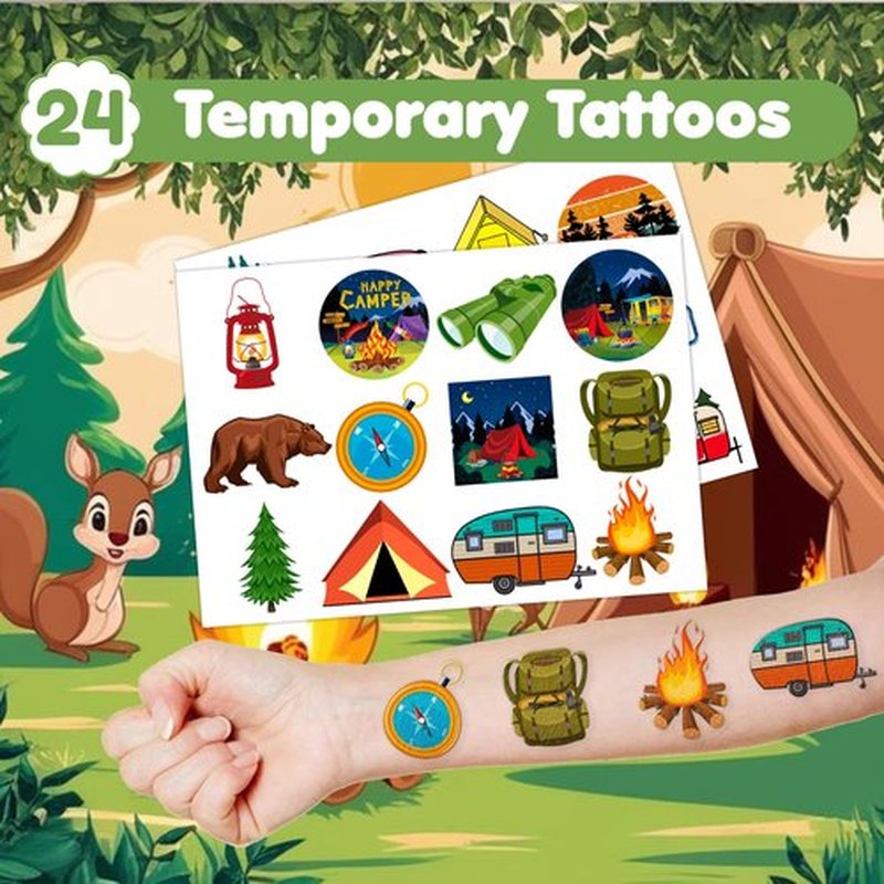 48 PCS Camping Party Favors 24PCS Tattoos Sticker 24PCS Slap Bracelets Wristbands Perfect for Camp Themed Birthday Baby Showers or Classroom Rewards Ideal Decor and Gifts for Girls and Boys