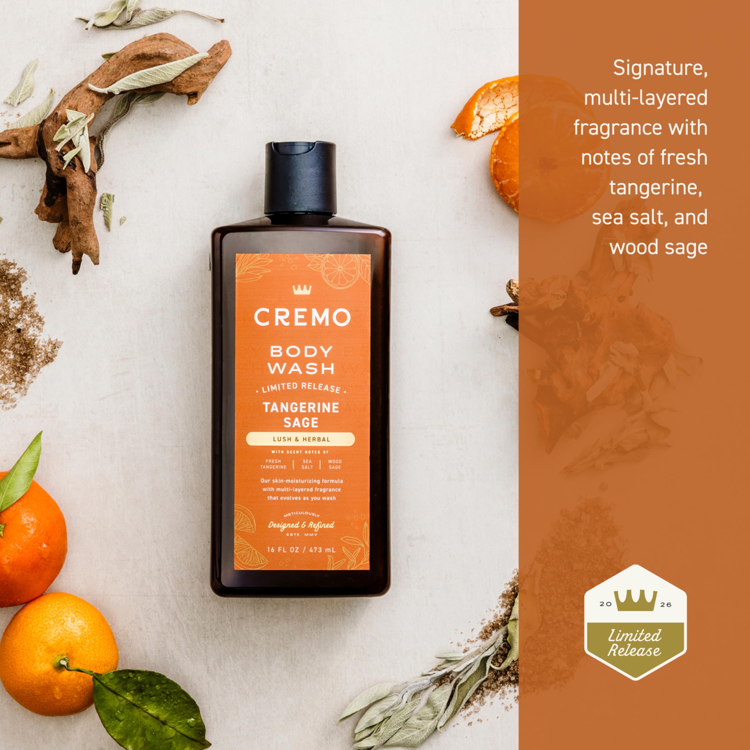 Cremo Rich-Lathering Tangerine Sage Body Wash Men, Notes of Fresh Tangerine, Sea Salt, and Wood Sage, 16 Fl Oz