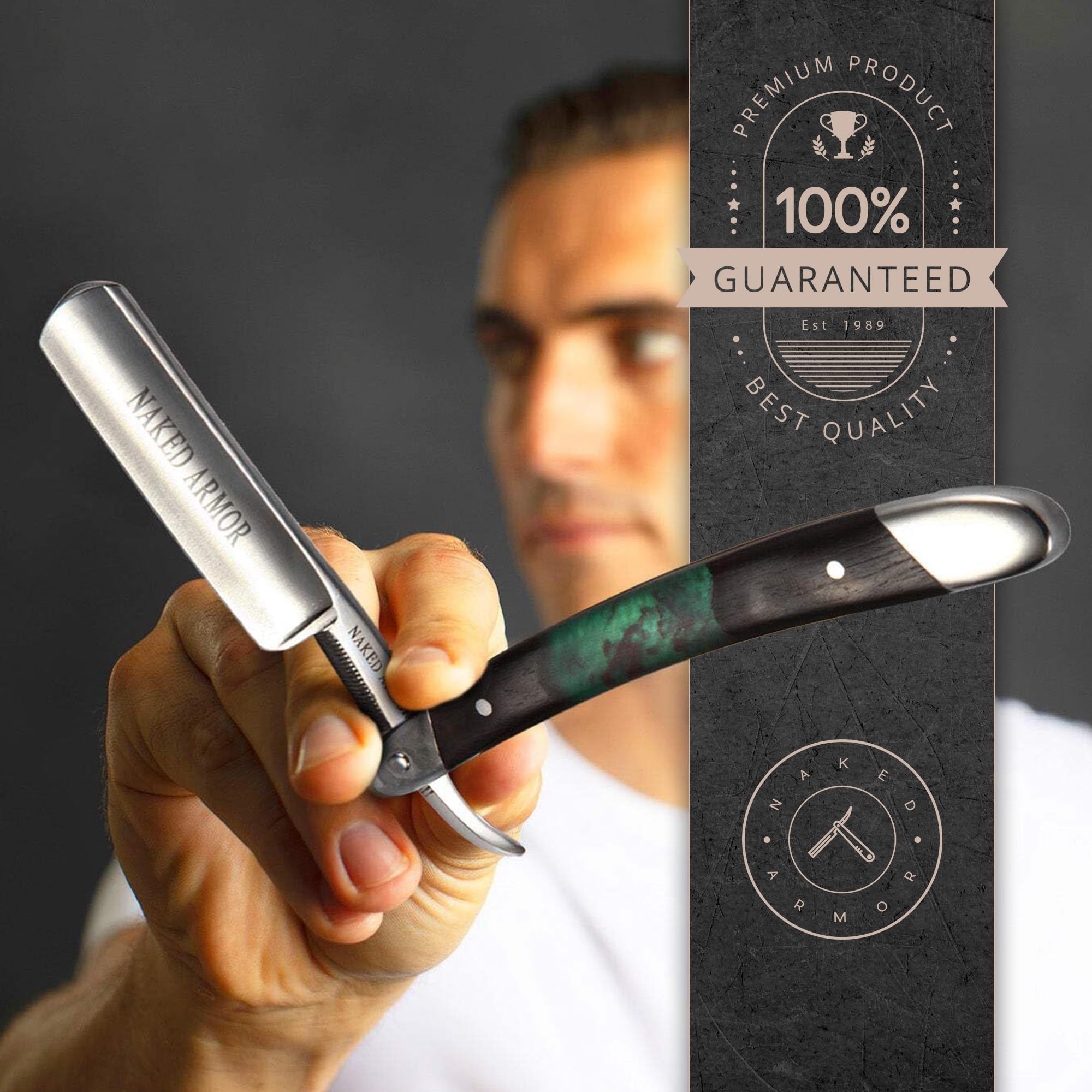 Naked Armor Professional Straight Razor for Men - Shave Ready 7/8" Japanese Steel Straight Edge Razor - Mador Series with Hand-Crafted Ebony Wood Handle, Leather Case & Gift Box