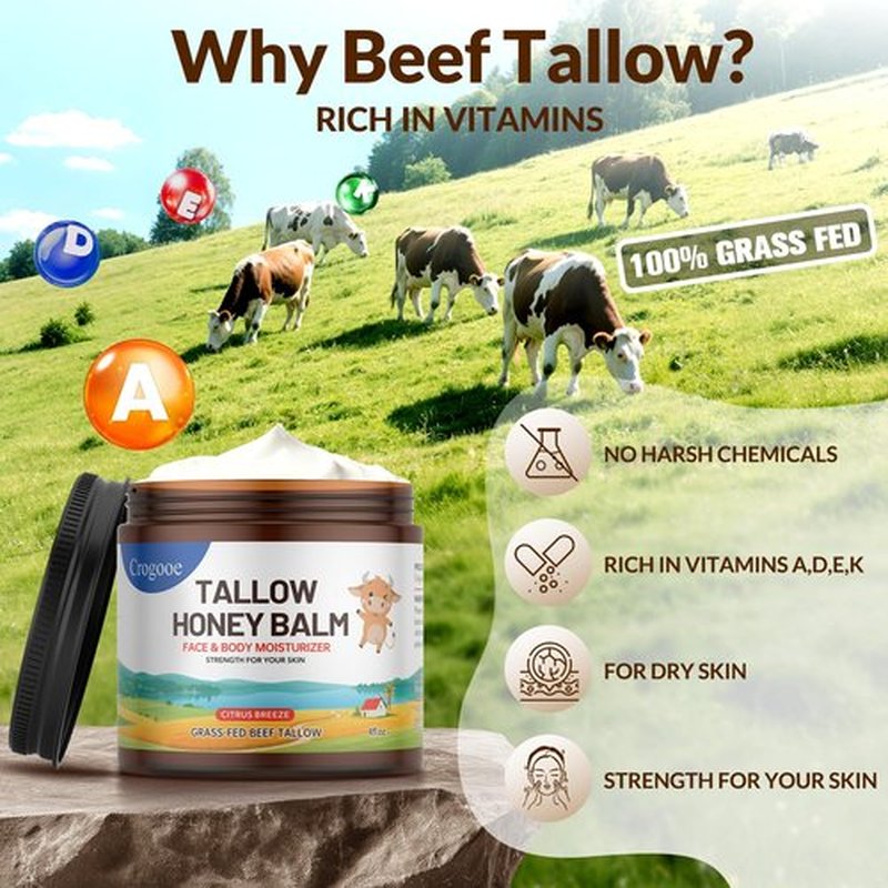 Beef Tallow for Skin - 100% Grass Fed - Whipped Tallow and Honey Balm，Moisturizer Cream for Face & Body -Natural Organic Formula for Dry & Sensitive Skin (Citrus Breeze) (2 oz)