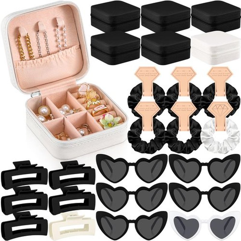 Hotop 24 Pcs Bridesmaid Proposal Gifts Set, 6 Mini Jewelry Box, 6 Satin Bridesmaid Scrunchies, 6 Bachelorette Sunglasses, 6 Square Hair Clips for Bridal Shower Wedding Party Favors (White, Black)