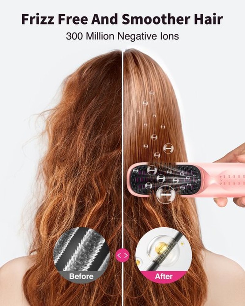 Cordless Hair Straightener Brush - Portable Hair Straightening Brush for Travel - 300M Negative Ions for Frizz-Free Shine, Touch Up On-The-Go, Fast Heating, Gift for Women, 10,000mAh, Powder Pink