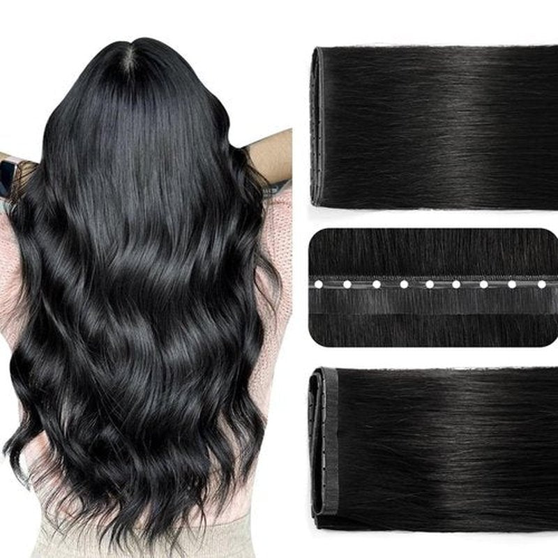 SUYYA Butterfly Weft Hair Extensions Human Hair Glueless OVO Pu Hole Genius Hand Tied Invisible DIY Double Weft Hair Extensions Straight 2PCS 18 inches Color #1 Jet Black