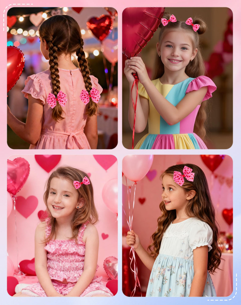 Valentines Day Hair Bow Clips Set, 4PCS Glitter Red Heart Hair Accessories for Girls & Teens, Non Slip Metal Hairpin Love Valentines Day Bows for Ponytail & Braids - Hot Pink