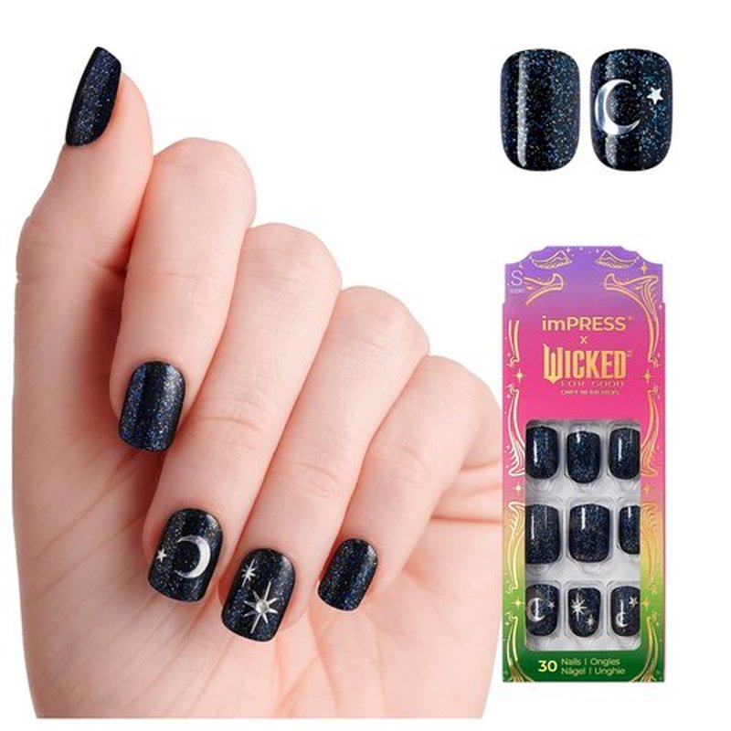 imPRESS X WICKED: FOR GOOD Press On Nails, ‘Know Your Power’, Blue, Short Squoval, New Improved Adhesive, Up To 10 Day Hold, Includes 30 Fake Nails, 1 Prep Pad, 1 Manicure Stick, 1 Mini File