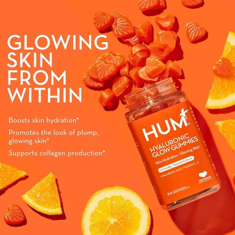 HUM Hyaluronic Glow Hydrating Skin Care Supplement - Vegan Gummies with Low Molecular Hyaluronic Acid & Vitamin C | Tangerine Flavor, 60 Count