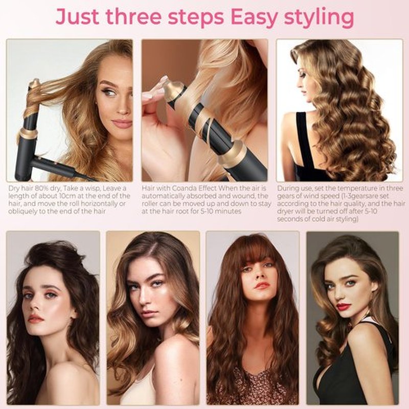Hair Dryer 3 in 1 Hot Air Styler, 2000 W Ionic Blow Dryer, Lightweight Compact Hairdryer for Travel, Long Barrel Airflow Auto Wrap Curler for Quick Styling, Fast Drying, Coolshot (Black)