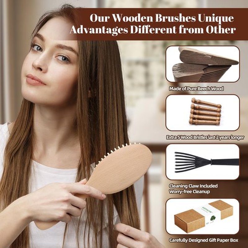 KEPCSIN 3PCS Wooden Hair Brush Set for Hair Growth, Natural Small Wood Comb Detangling Massage Scalp, Wide Tooth Pocket Comb No Bristle for Thick/Thin/Curly/Dry Hair, Gift for Women/Men