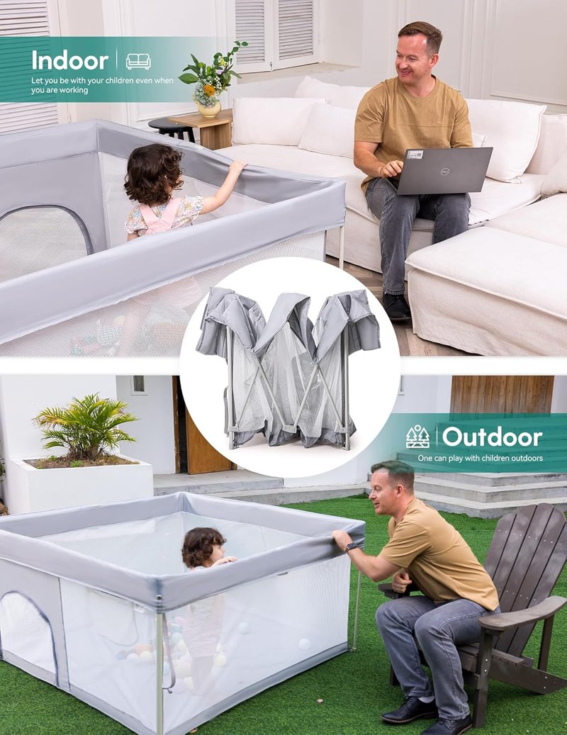 Babelio Foldable Baby Playpen - Portable 54.5" × 54.5" Playard with Mat | Indoor & Outdoor Safety Fence, Grey