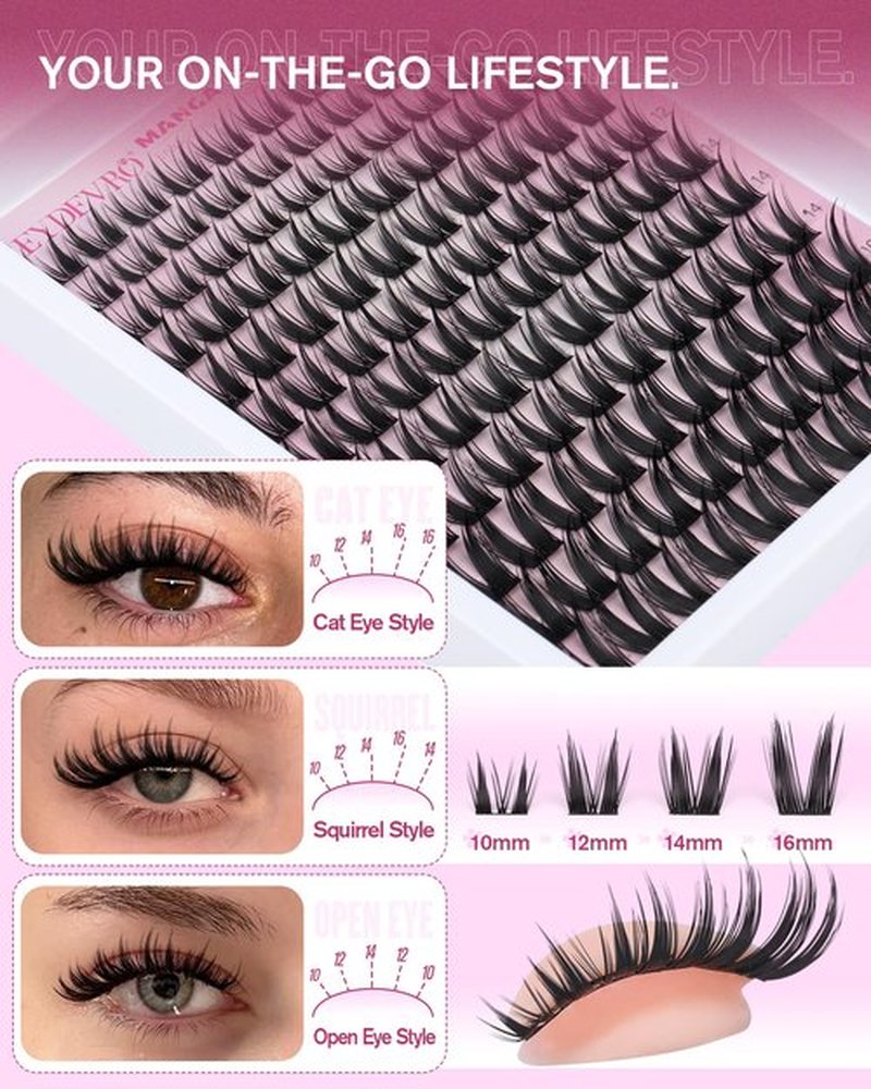 EYDEVRO Manga Lash Clusters Kit Fairy Eyelash Clusters Kit Wet Look Anime Cluster Eyelash Extensions Kit 10-16mm Natural Wispy DIY Lash Extension Kit Waterproof Lash Bond and Seal Tweezers Brush