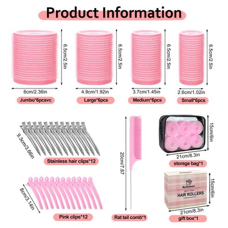 4 Sizes Self-Grip Hair Rollers Set with Clips - 4 Sizes for Long, Short Hair & Bangs (25mm, 36mm, 48mm, 60mm), (Pink, 4 Sizes)