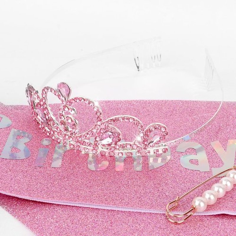 CIEHER 6th Birthday Decorations for Girls - 6th Birthday Crown and Sash with Pearl Pin Set - Pink