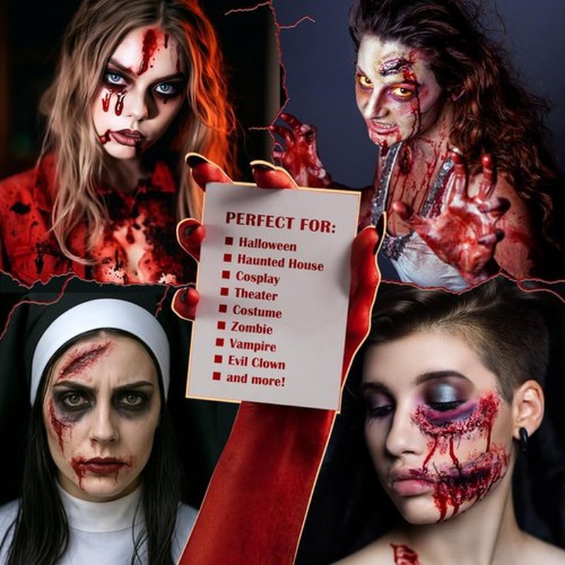 BOBISUKA Halloween Fake Blood Kit, 1.76oz Blood Spray + 1.76oz Dripping Blood + 4 Scar/Wound Face Tattoos, Realistic Washable Fake Blood Makeup for Clothes Zombie Vampire Monster SFX Costume Cosplay