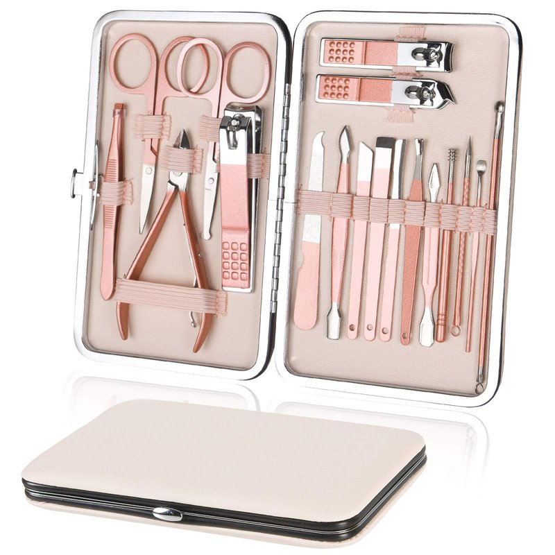 URAQT Nail Clippers for Men Women, 18 in 1 Stainless Steel Nail Kit Professional Manicure Pedicure Kit with Nail Scissors, Cuticle Trimmer, Leather Case, Portable Travel Home (Rose Gold)