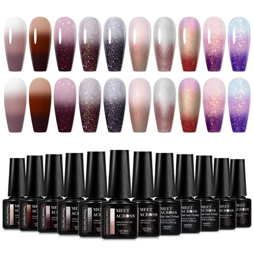 MEET ACROSS Color Changing Gel Nail Polish Set, 12 PCS Shimmer Glitter Mood Temperature Change Colors Kit, Black Brown Gray Purple UV Thermal Manicure Gel Gift