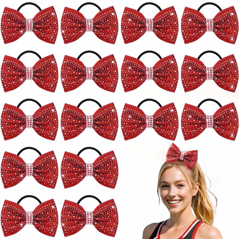 VOBOBE 16PCS Glitter Cheer Hair Bows for Cheerleading, Red Sparkle Rhinestone Cheer Bow with Ponytail Holder Elastic Hair Ties for Teen Girls Cheerleader (Red)